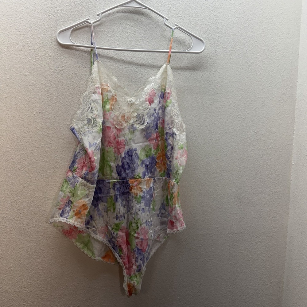 Vintage Lucie Ann II Multicolor Floral Satin Lace Trim Teddy Bodysuit Lingerie L